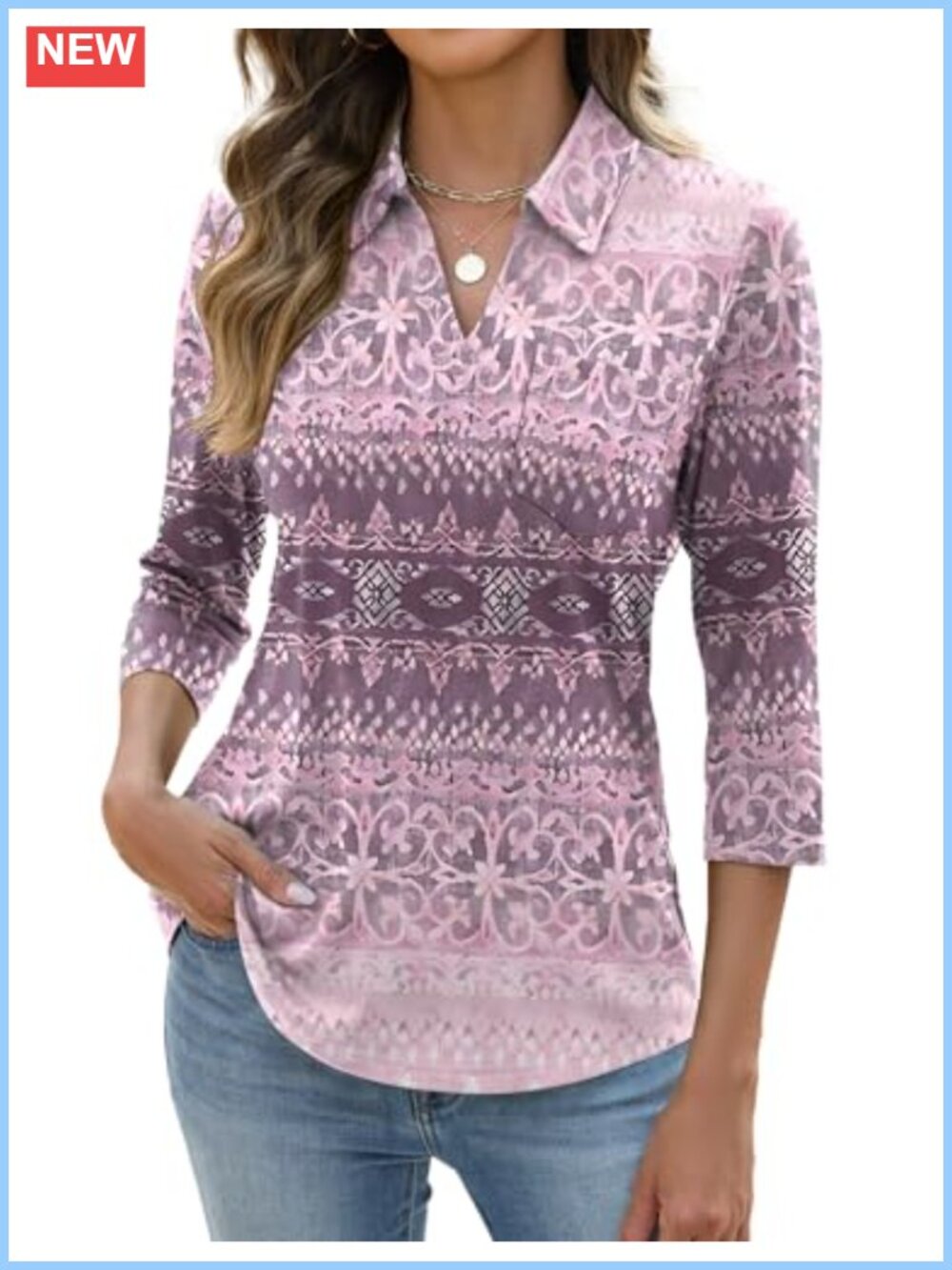 Women's 3/4 Sleeve V Neck Polo Top with Front Pocket Casual Collared Blouse